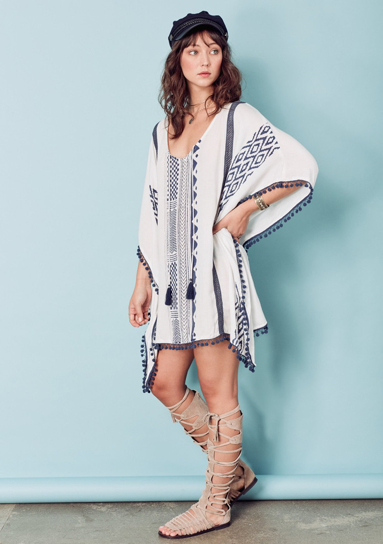 F4737-1 White Boho Print Pom Pom Trim Tassel Tie Caftan Tunic